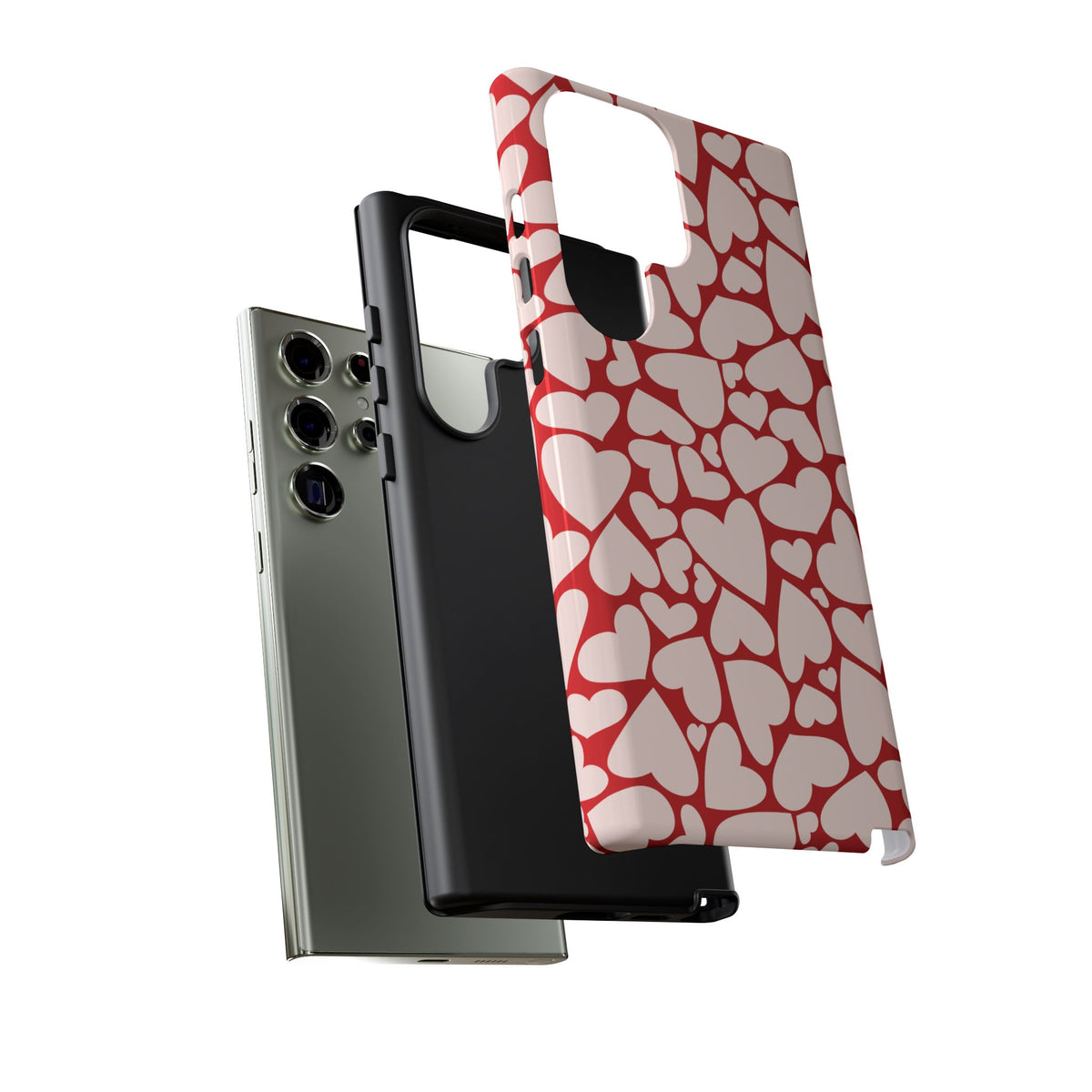Red Hearts tough phone case beside a Samsung Galaxy phone