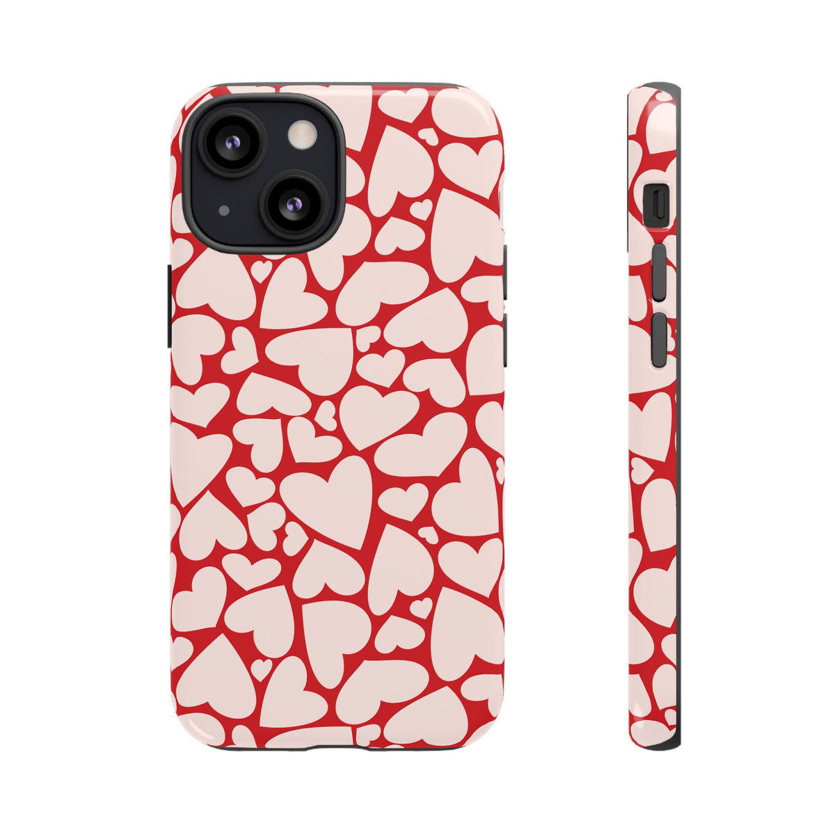 Red Hearts tough phone case, back and side view