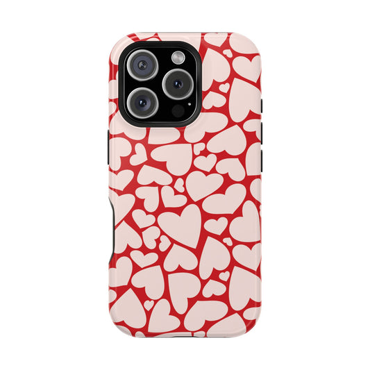 Red Hearts tough magnetic phone case back view with blush hearts on red