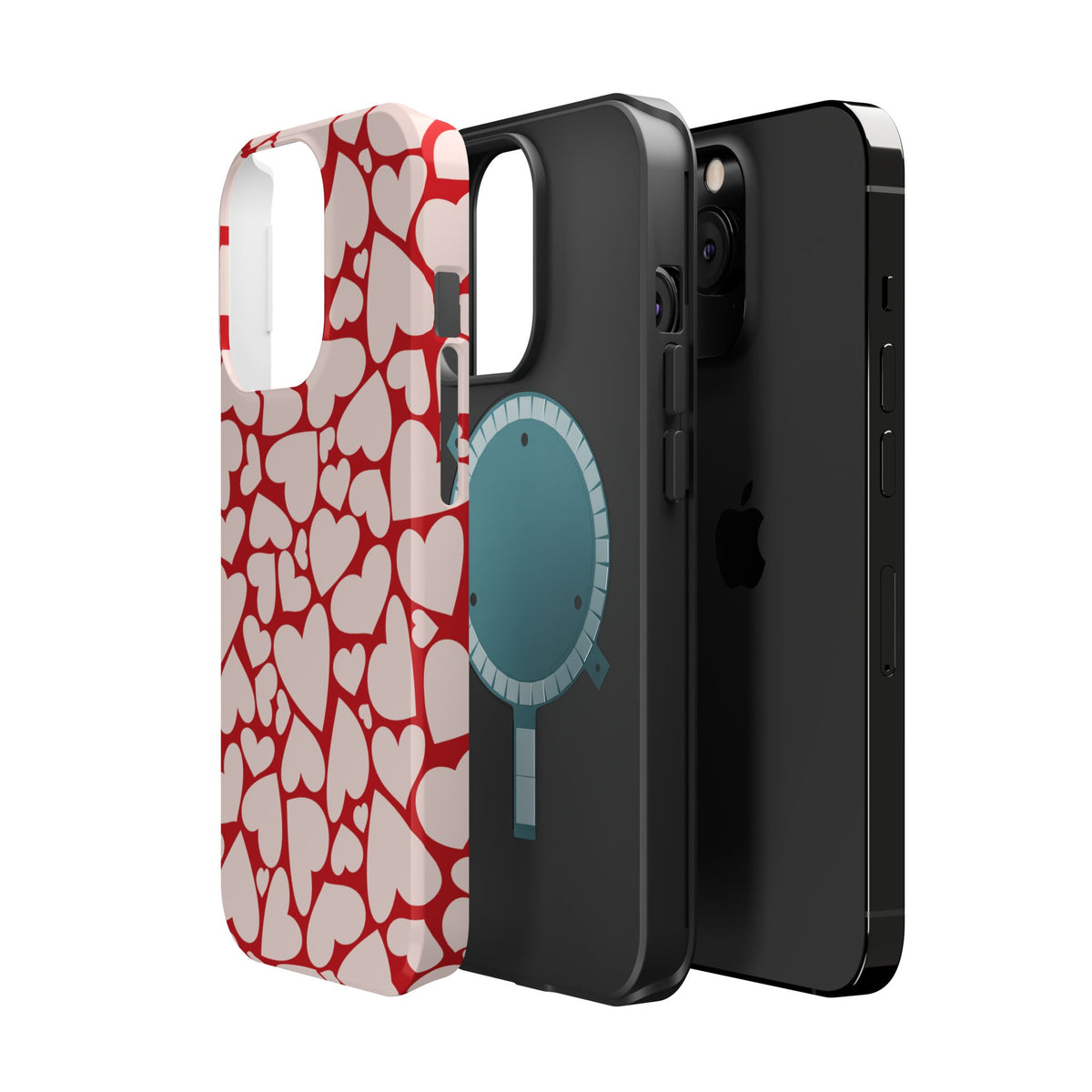 Red Hearts magnetic phone case beside the phone showing the magnetic ring inside