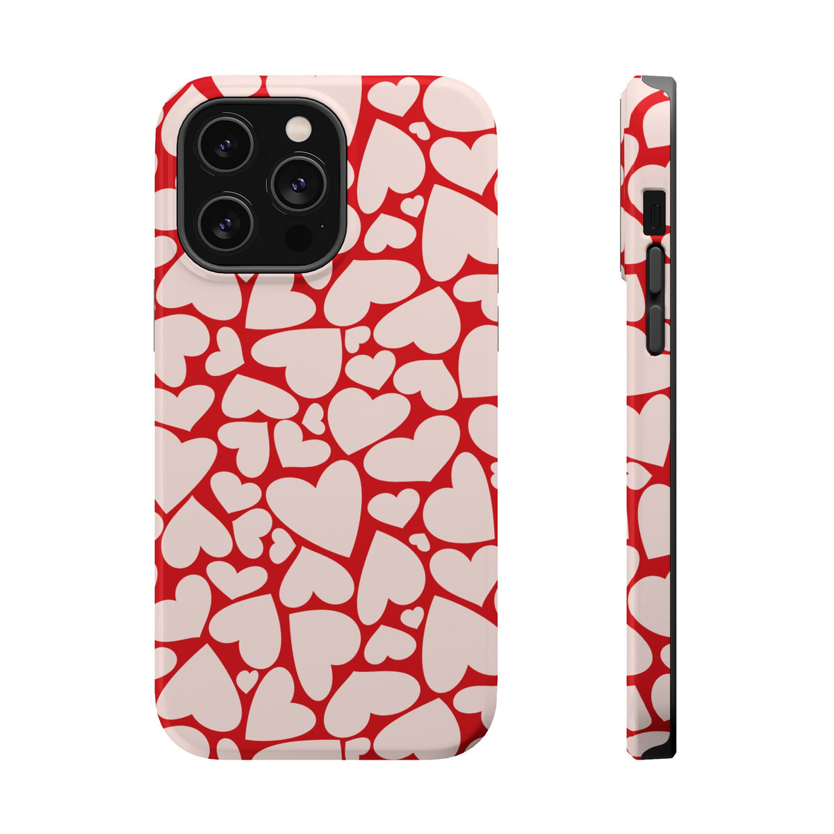 Red Hearts tough magnetic phone case back and side view