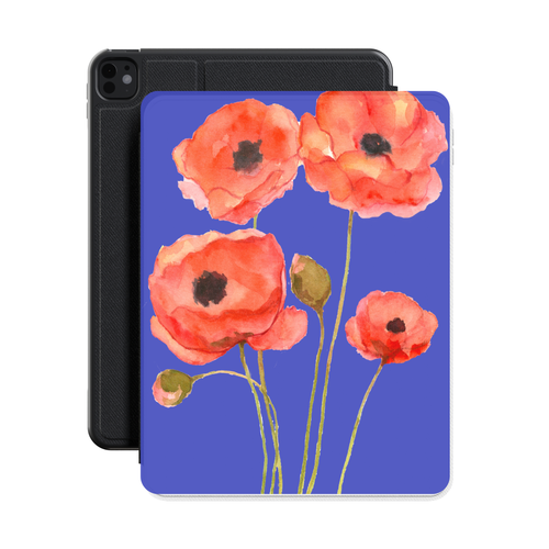 Red Poppies iPad case standing in front of a black iPad