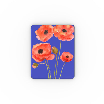 Red Poppies iPad case front cover with scarlet poppies on cobalt blue