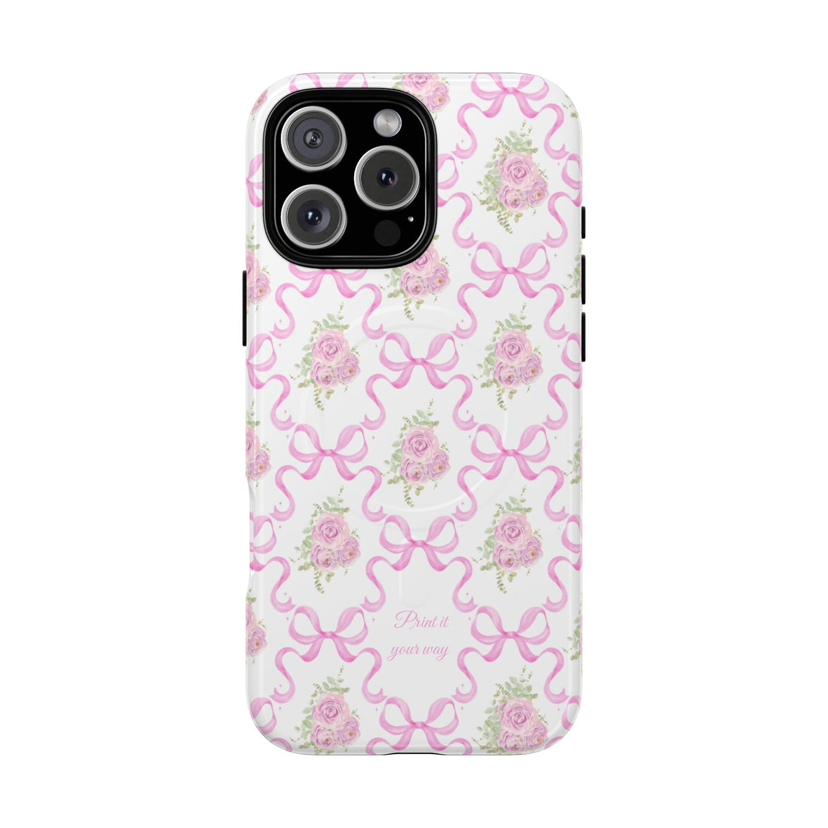 Rose Bows MagSafe phone case with pink ribbons and roses and a personalized name