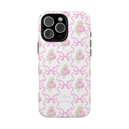 Rose Bows MagSafe phone case with pink ribbons and roses and a personalized name