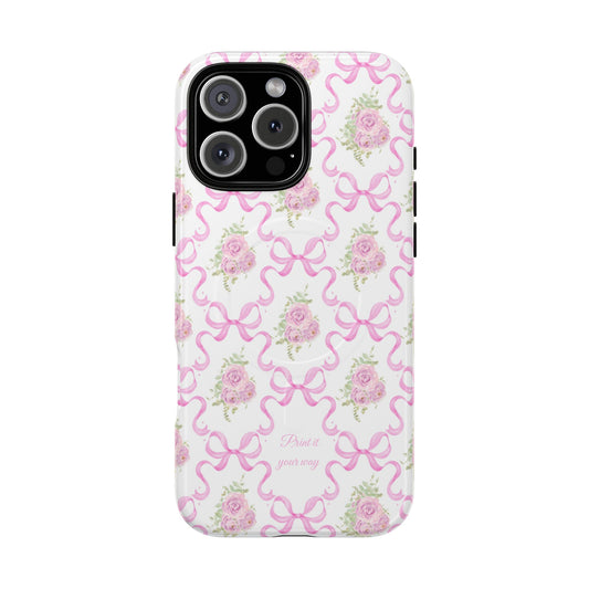 Rose Bows MagSafe phone case with pink ribbons and roses and a personalized name