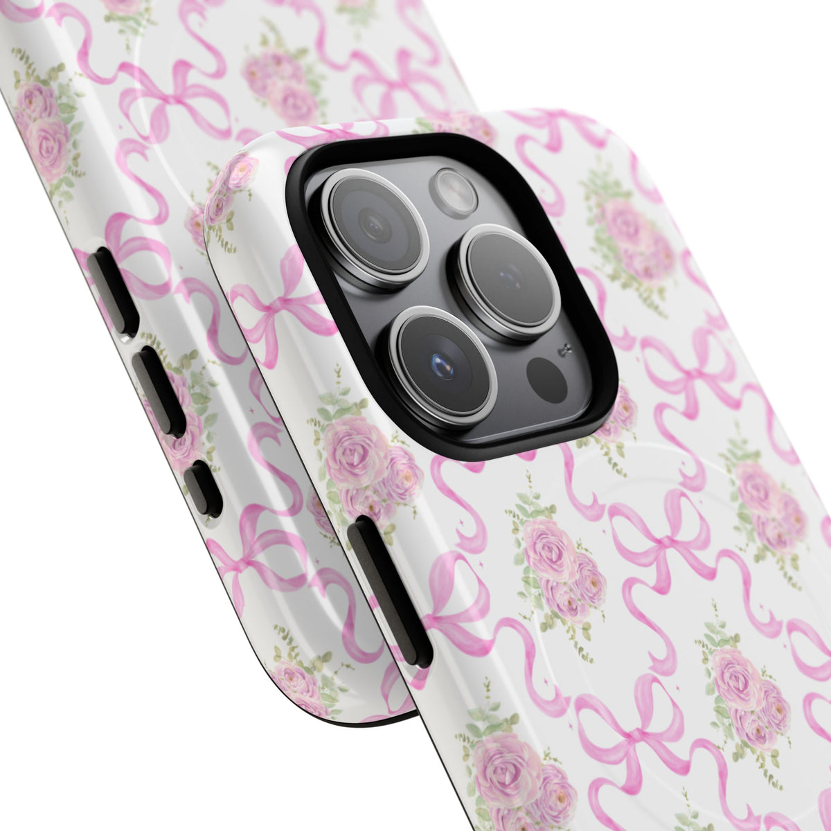 Angled close-up of the Rose Bows MagSafe phone case