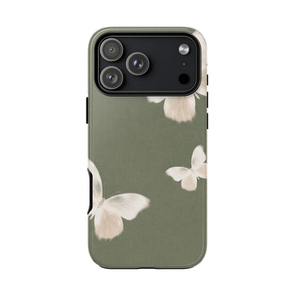 Sage Butterfly tough phone case on iPhone, angled view