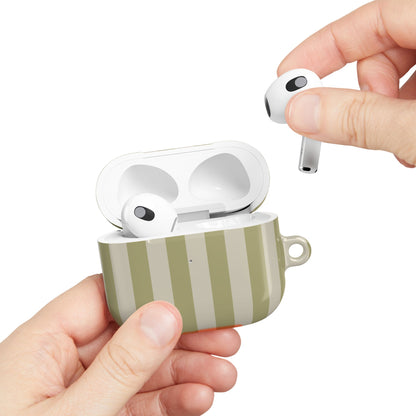 Sage Cabana Stripe AirPods case held in hand