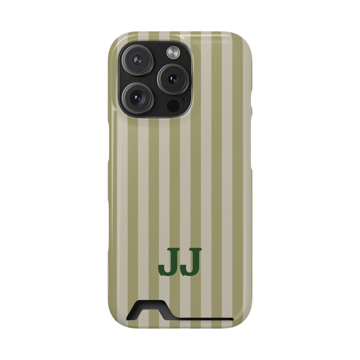 Sage Cabana Stripe phone case with card holder, personalized with initials