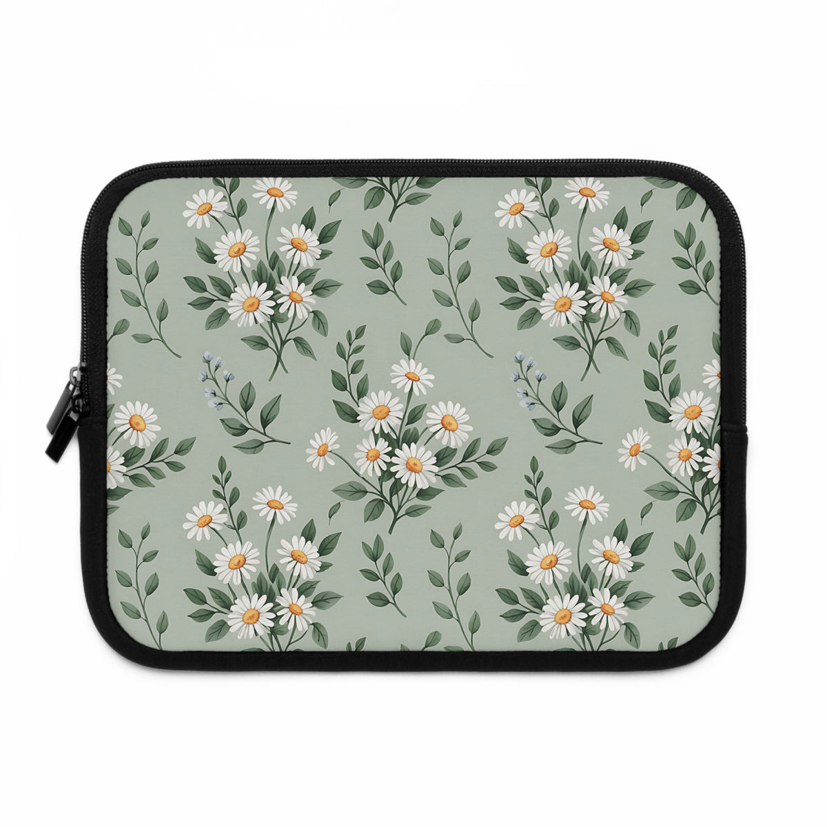 Sage Daisy laptop sleeve front with white daisies on sage green