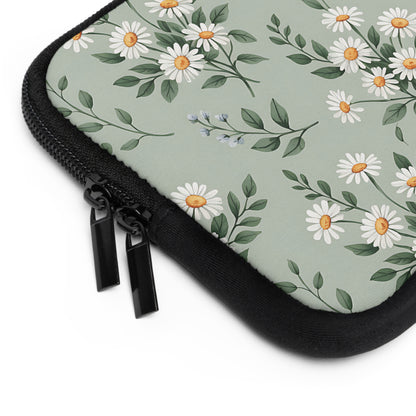 Sage Daisy laptop sleeve zipper detail with black trim