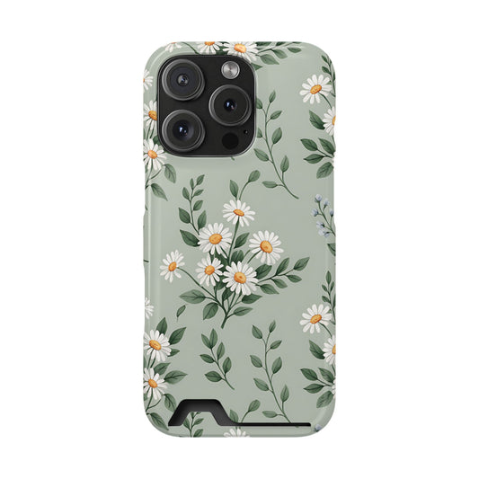 Sage Daisy phone case with card holder, daisies on sage green