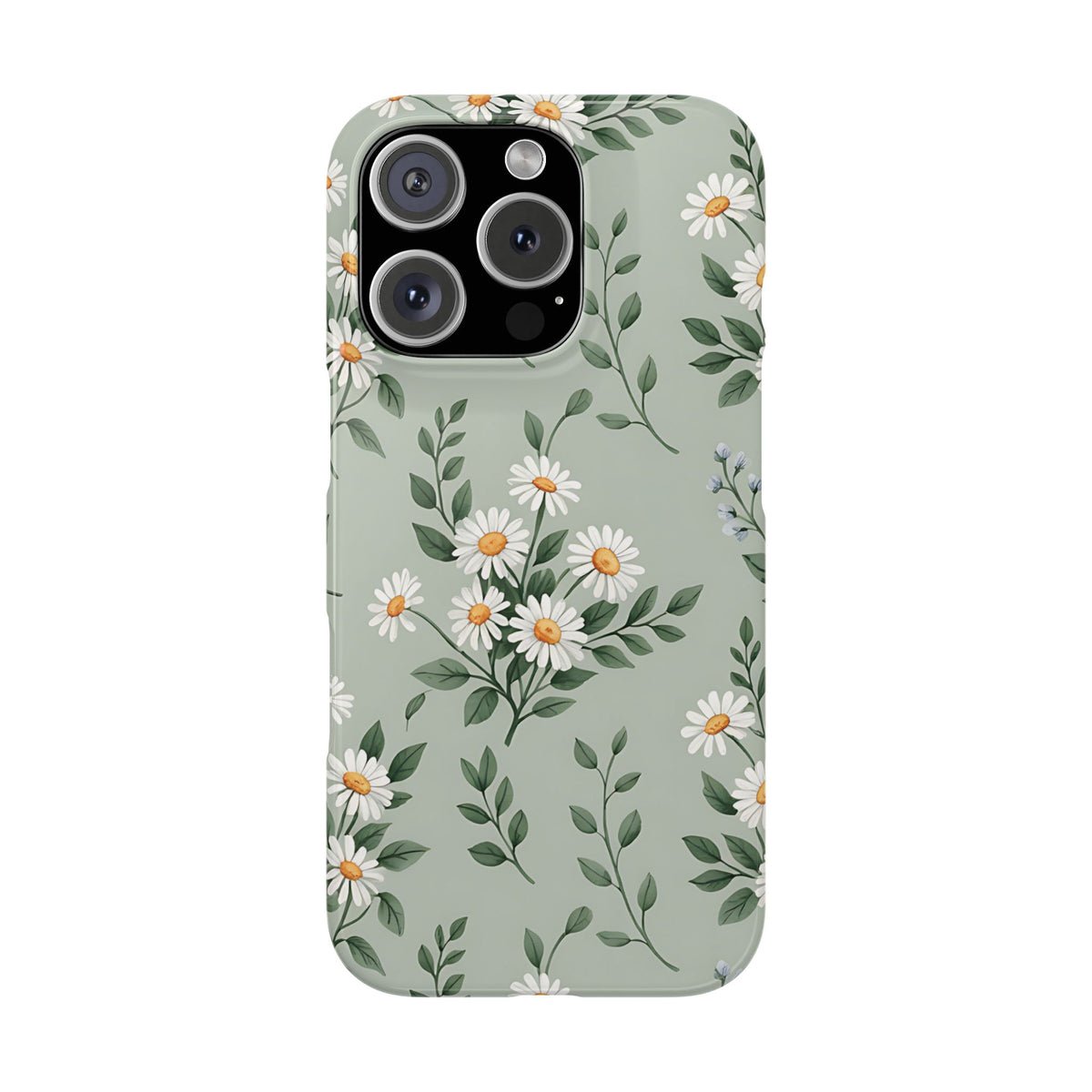Sage Daisy snap phone case back with white daisies on sage green