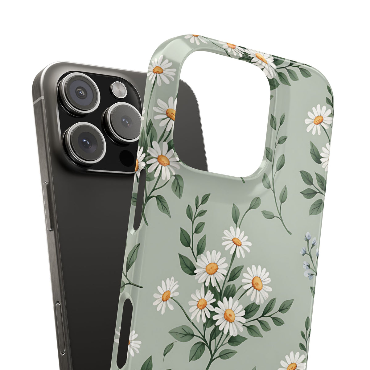 Sage Daisy snap phone case shown next to the phone it fits