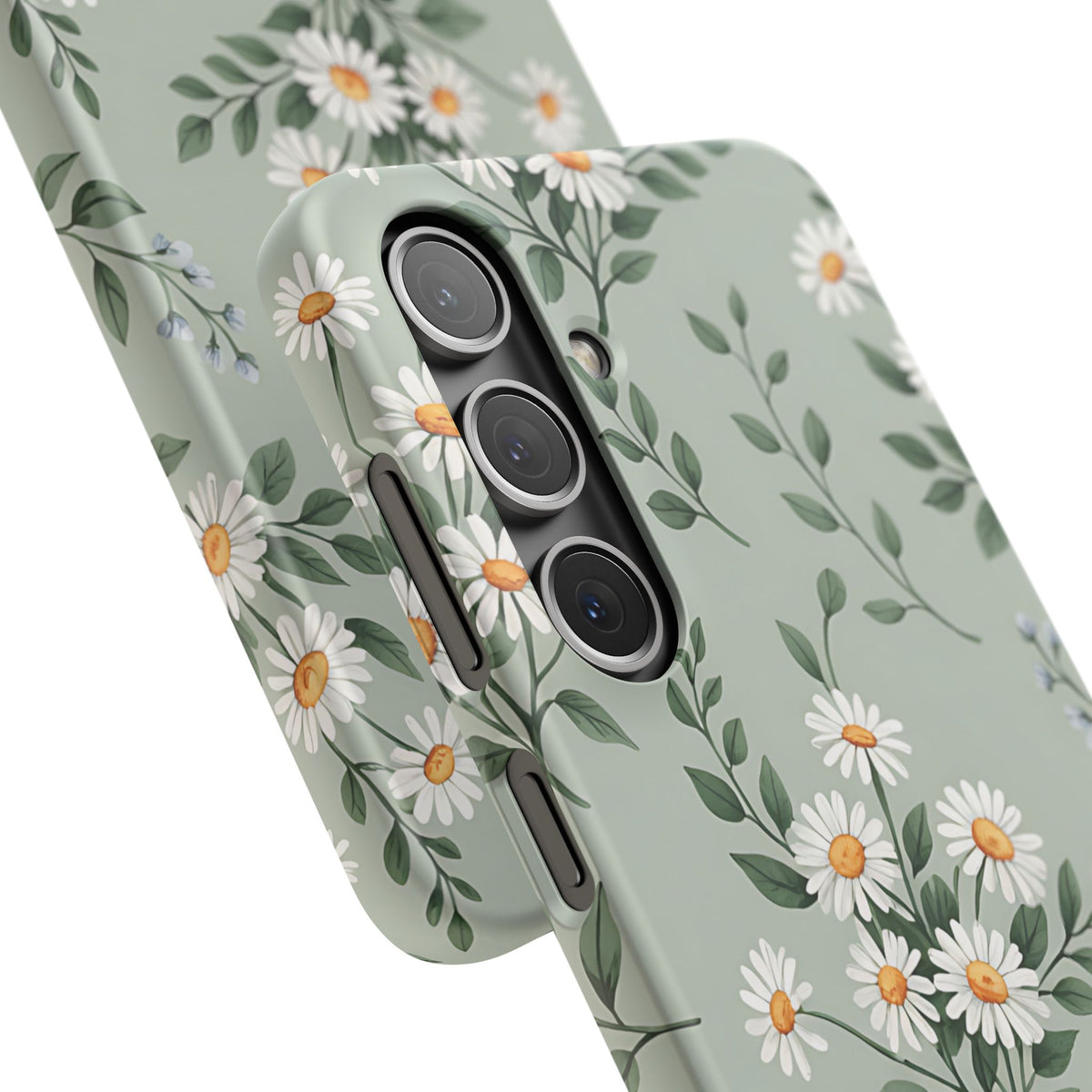 Close-up of the Sage Daisy snap case camera cut-out and daisy print