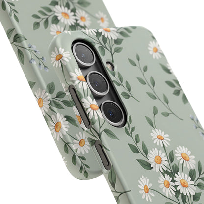 Close-up of the Sage Daisy snap case camera cut-out and daisy print