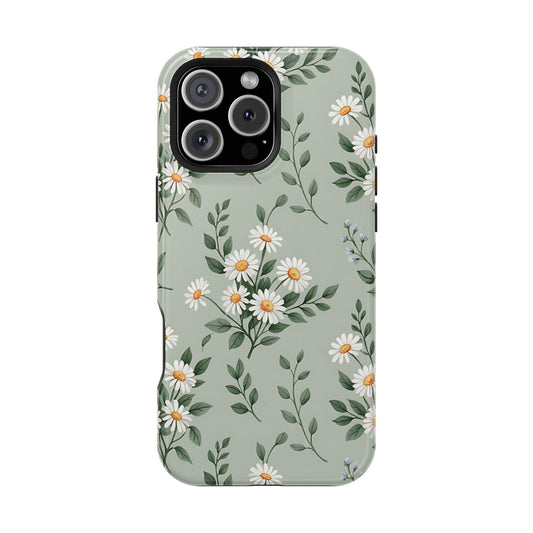 Sage Daisy tough magnetic phone case with white daisies