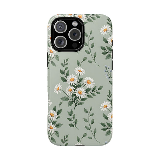 Sage Daisy tough phone case with white daisies on sage green