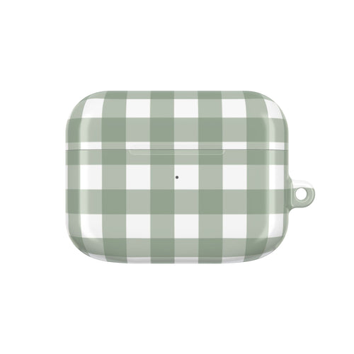 Sage Gingham AirPods case with a green and white check
