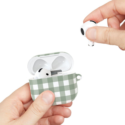 Sage Gingham AirPods case held open with an earbud