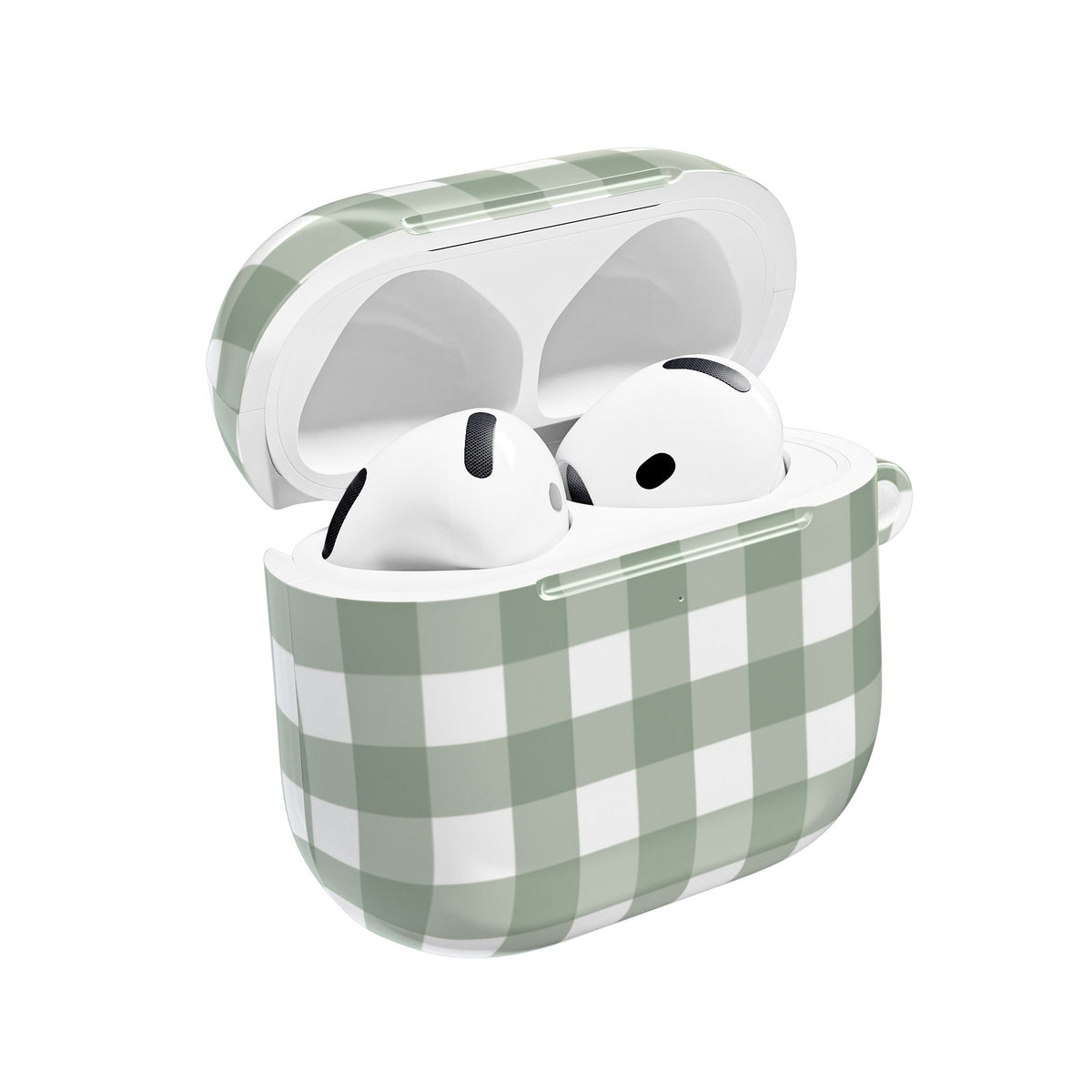 Sage Gingham AirPods case open with AirPods inside