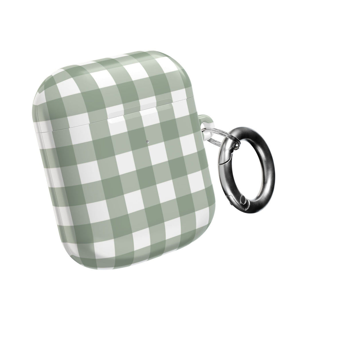 Sage Gingham AirPods case with silver carabiner