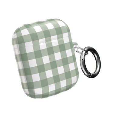 Sage Gingham AirPods case with silver carabiner