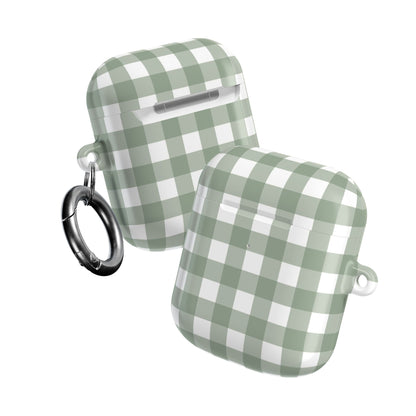 Two Sage Gingham AirPods cases with carabiners