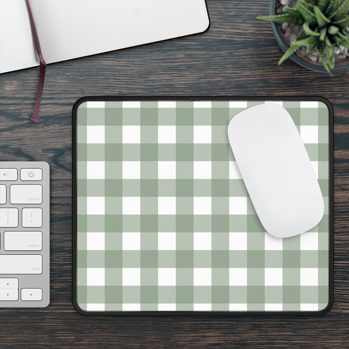 Sage Gingham mouse mat on a wooden desk with keyboard and mouse