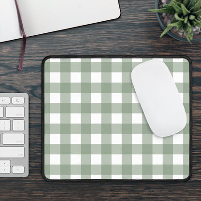 Sage Gingham mouse mat on a wooden desk with keyboard and mouse