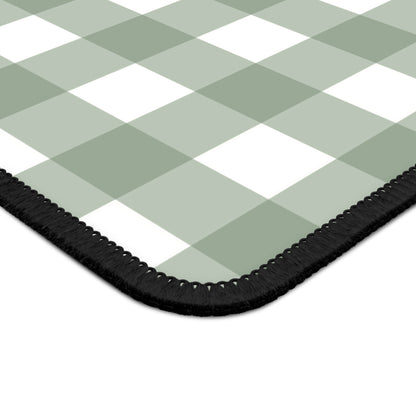Close-up of the stitched edge on the Sage Gingham mouse mat