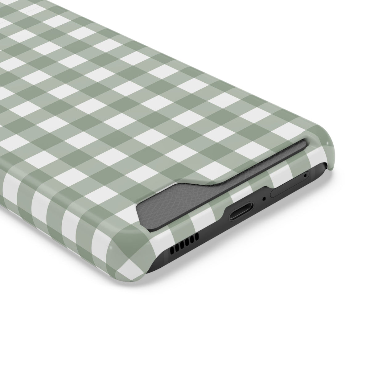 Angled view of the card slot on the Sage Gingham phone case