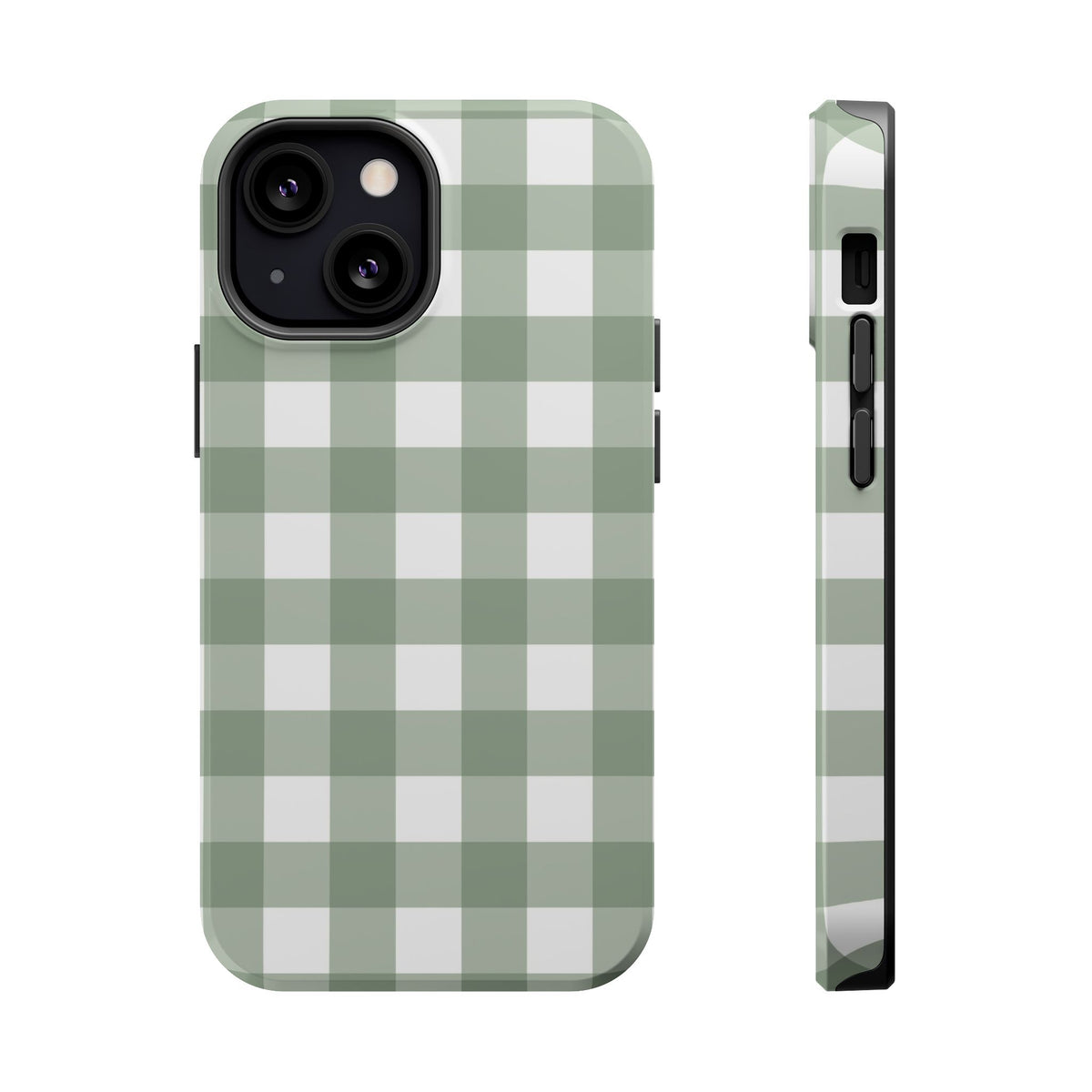 Sage Gingham tough magnetic phone case back and side view