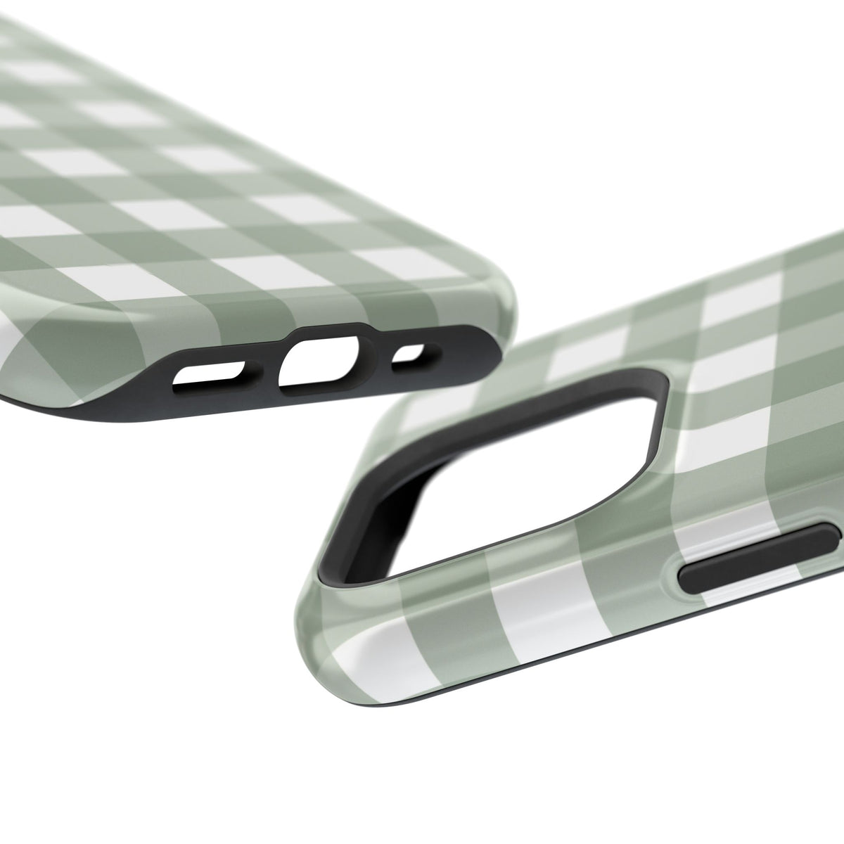 Close-up of the Sage Gingham magnetic phone case edges and camera cutout