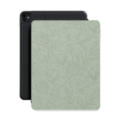 Sage Line Art Floral iPad case front cover over a black iPad