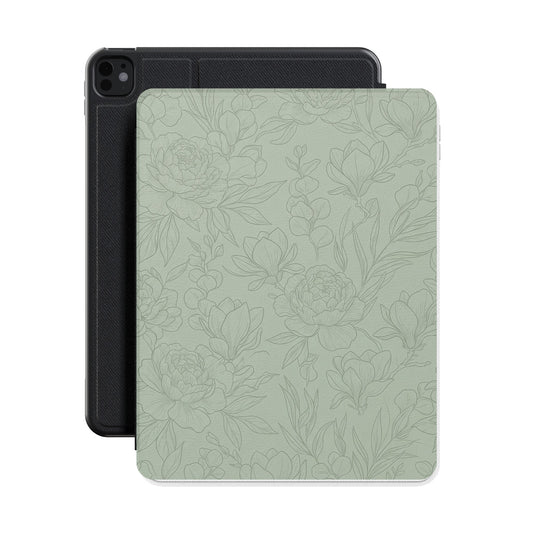 Sage Line Art Floral iPad case front cover over a black iPad