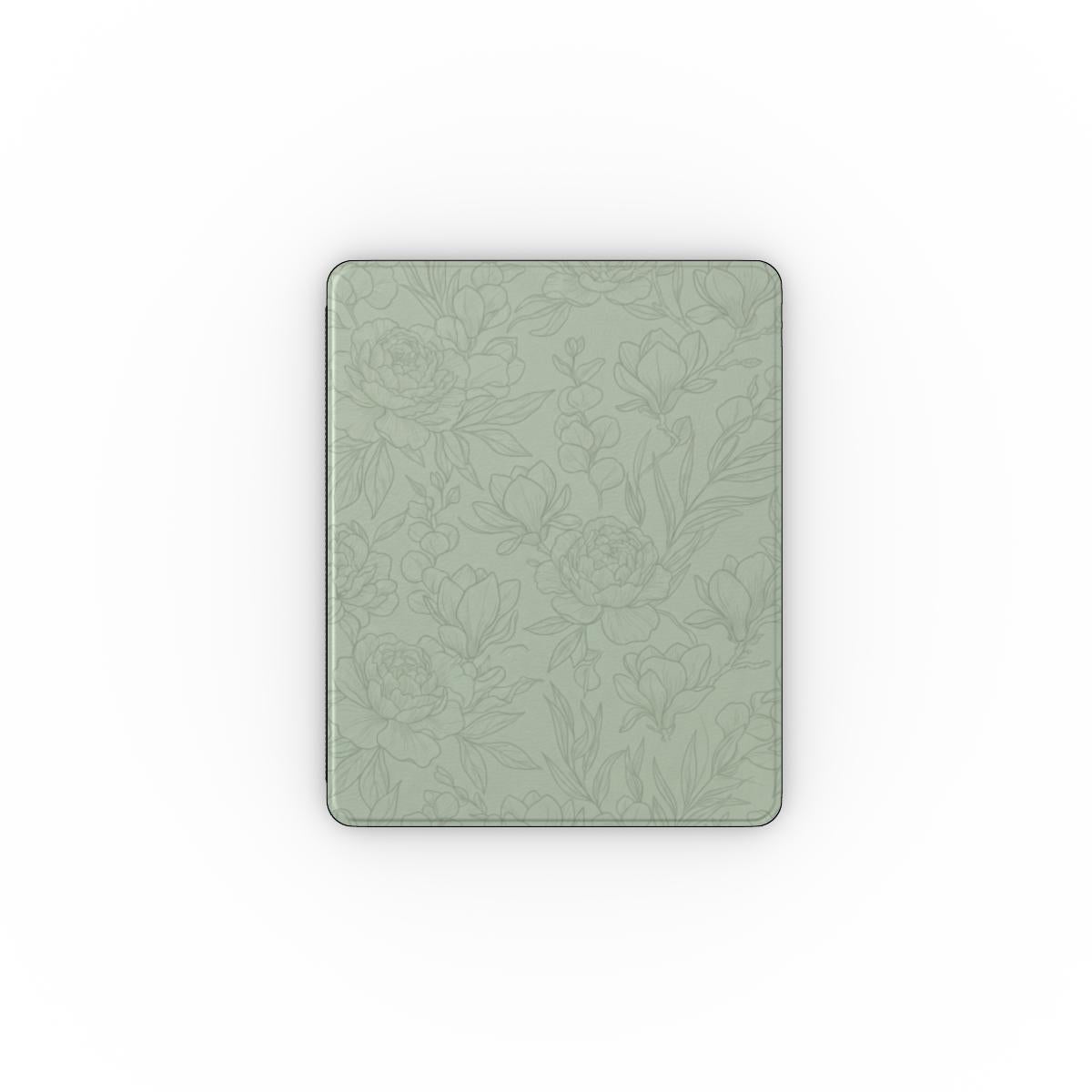Sage Line Art Floral iPad case closed, front view of the print