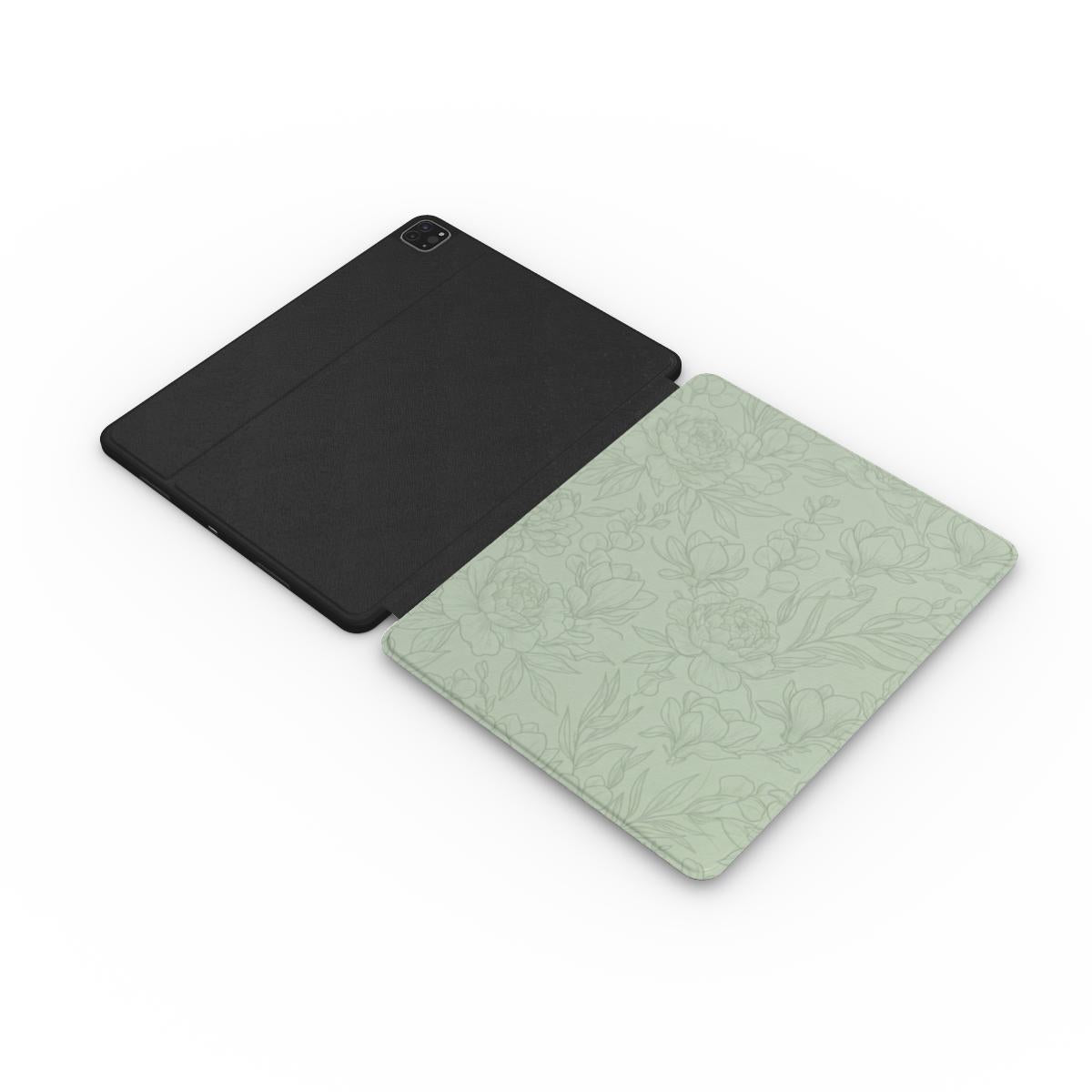 Sage Line Art Floral iPad case opened flat showing the printed front and black inside