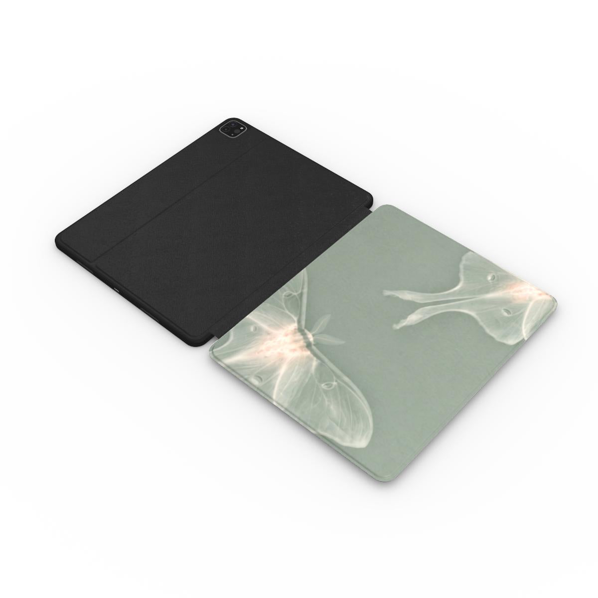 Sage Luna Moth iPad case opened flat showing the printed front and black inside