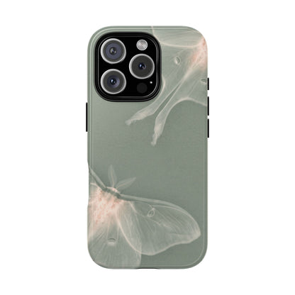 Sage Luna Moth tough phone case back view with pale moths on sage green