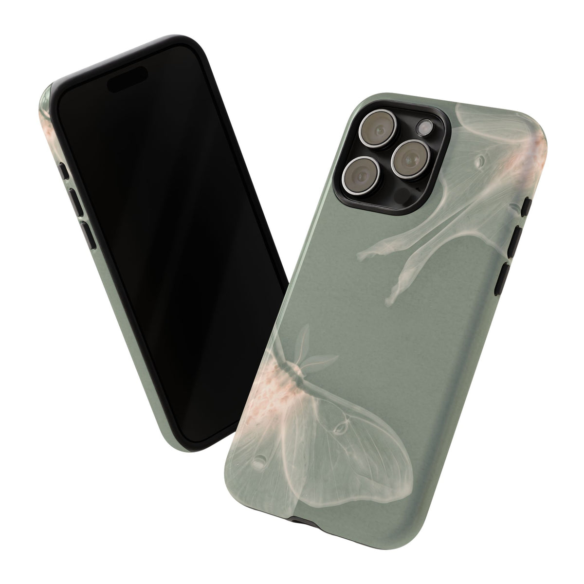 Sage Luna Moth tough phone case beside the phone it fits