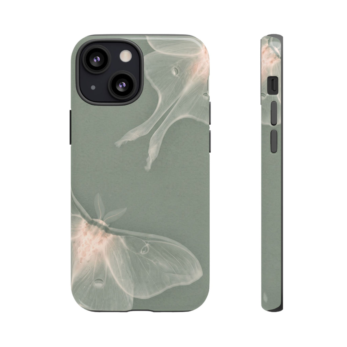 Sage Luna Moth tough phone case, back and side view