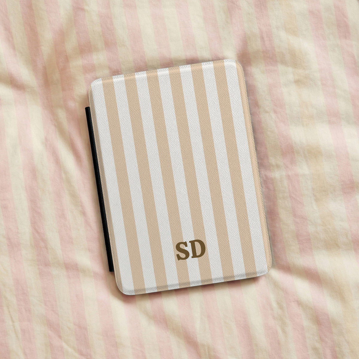 Personalised sand cabana stripe Kindle case on pink striped bed linen