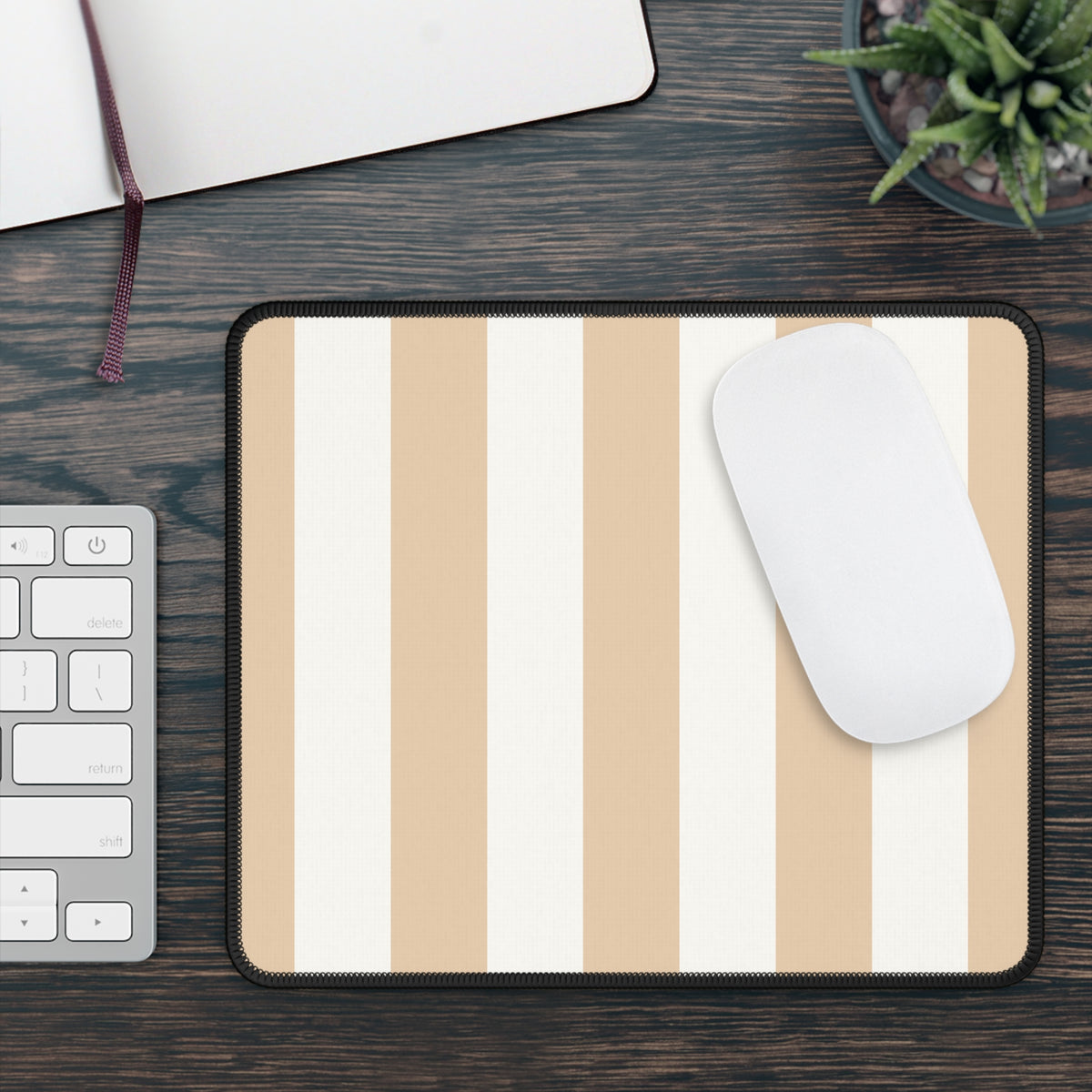 Sand cabana stripe mouse mat on a wooden desk beside a keyboard and mouse