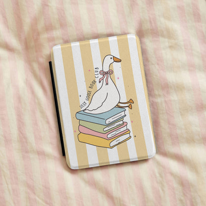 Silly Goose Book Club Kindle case on pink bed linen