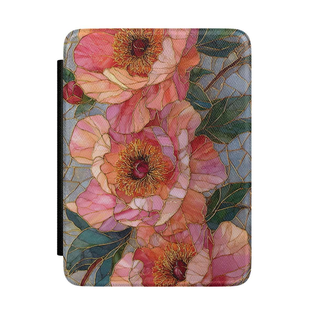Stained Glass Peony Kindle case front cover with coral peonies in stained glass style
