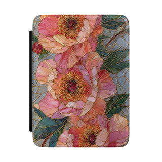 Stained Glass Peony Kindle case front cover with coral peonies in stained glass style