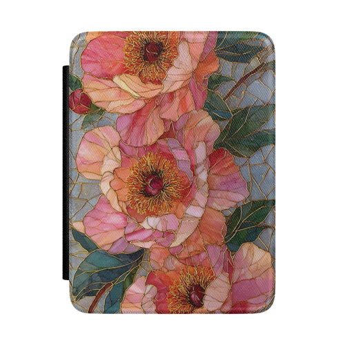 Stained Glass Peony Kindle case front cover with coral peonies in stained glass style