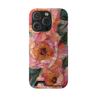 Stained Glass Peony phone case with card holder back view with coral peonies